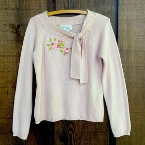 VTG PINK EMBROIDERED FLORAL M Realcomfort By Chadwicks SWEATER COTTAGE TIE NECK